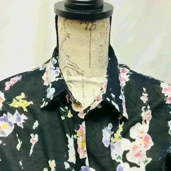 LAUREN RALPH LAUREN Black Floral 3/4 Sleeve Cotton Button Down Size Medium - Picture 6 of 14